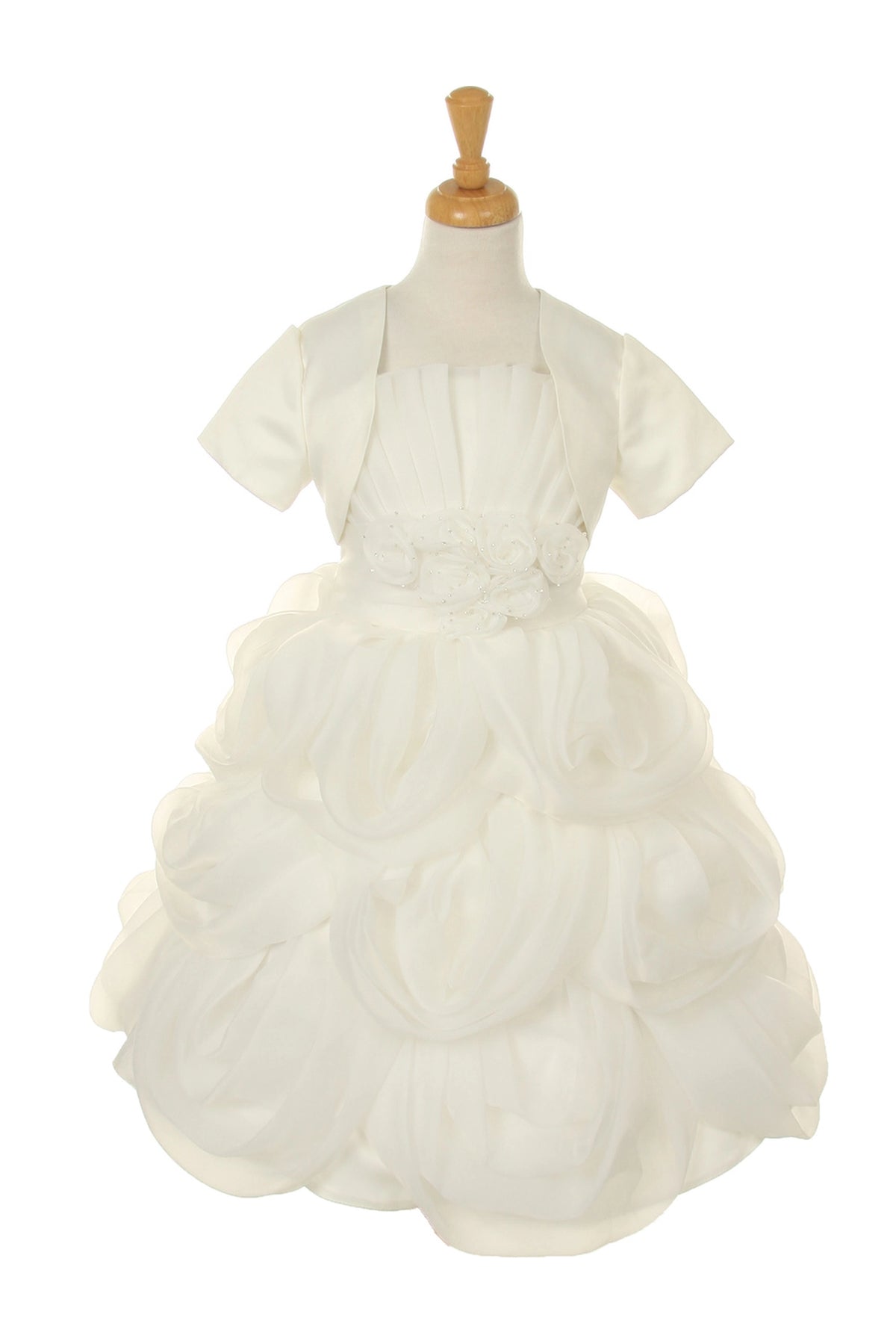 Finished details of a gathered fitted bodice distinguish the Ivory kids party dress.