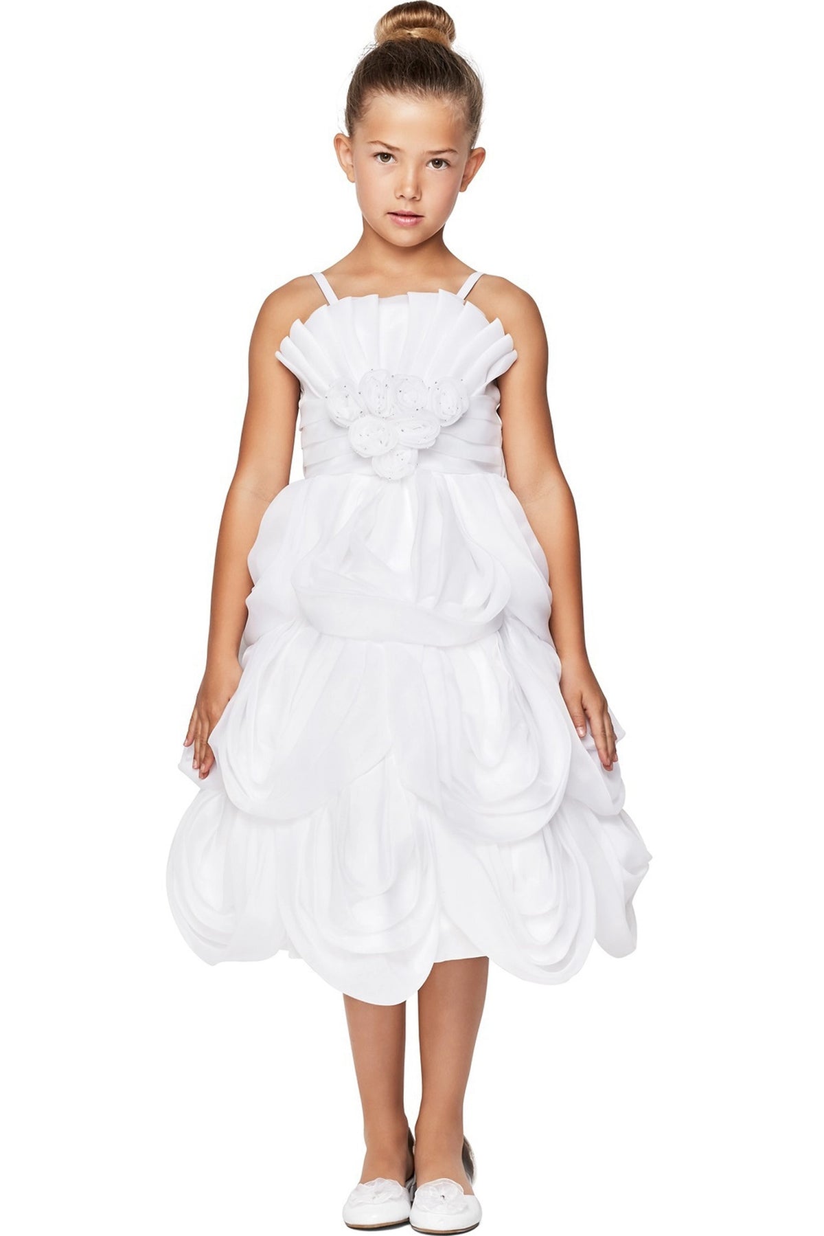 Showcasing with large rosettes across the ruffled skirt, this White kids party dress displays elegant detail.