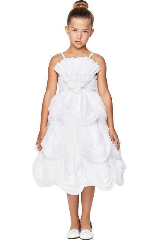 Showcasing with large rosettes across the ruffled skirt, this White kids party dress displays elegant detail.