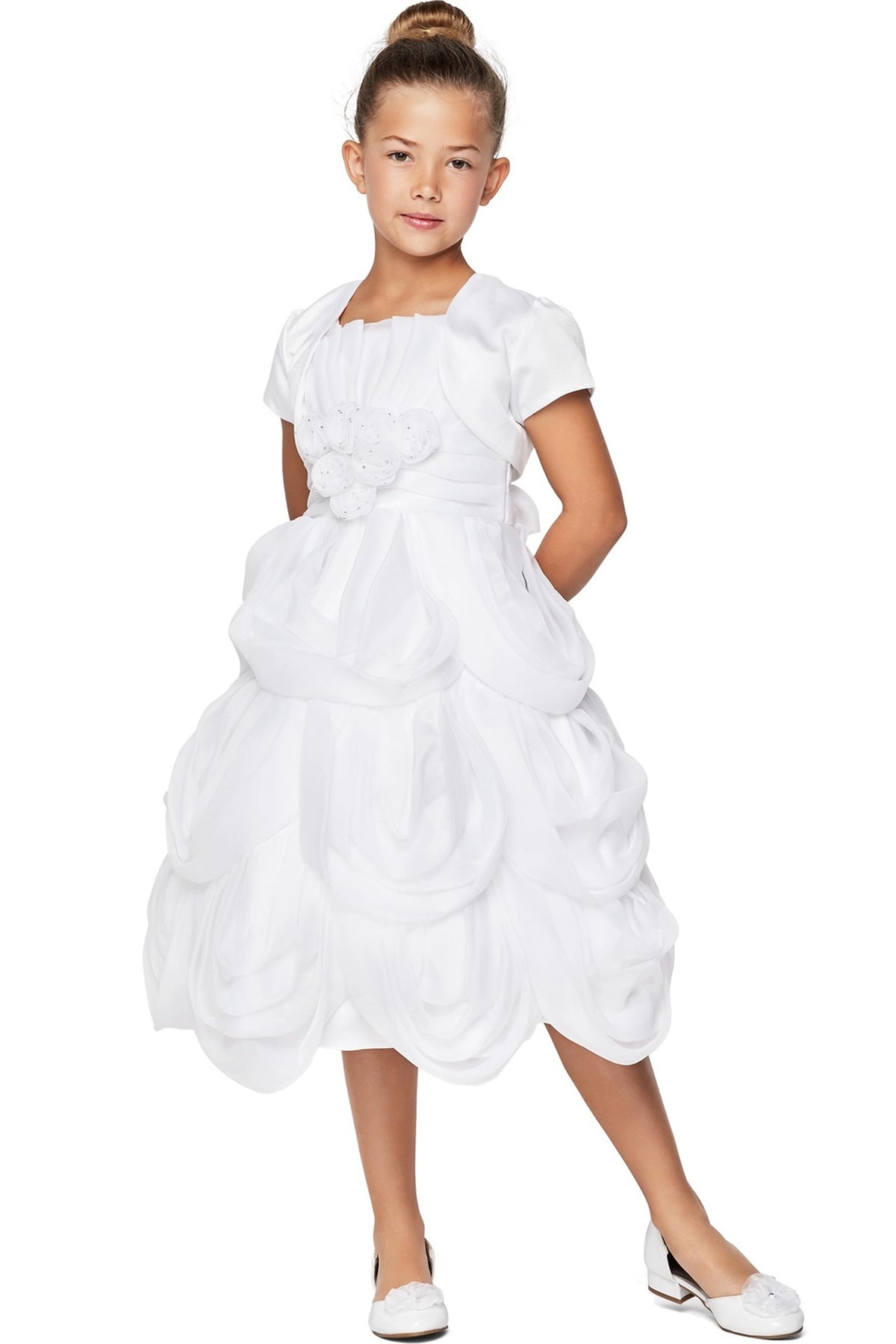 Finished details of a gathered fitted bodice distinguish the White kids party dress.