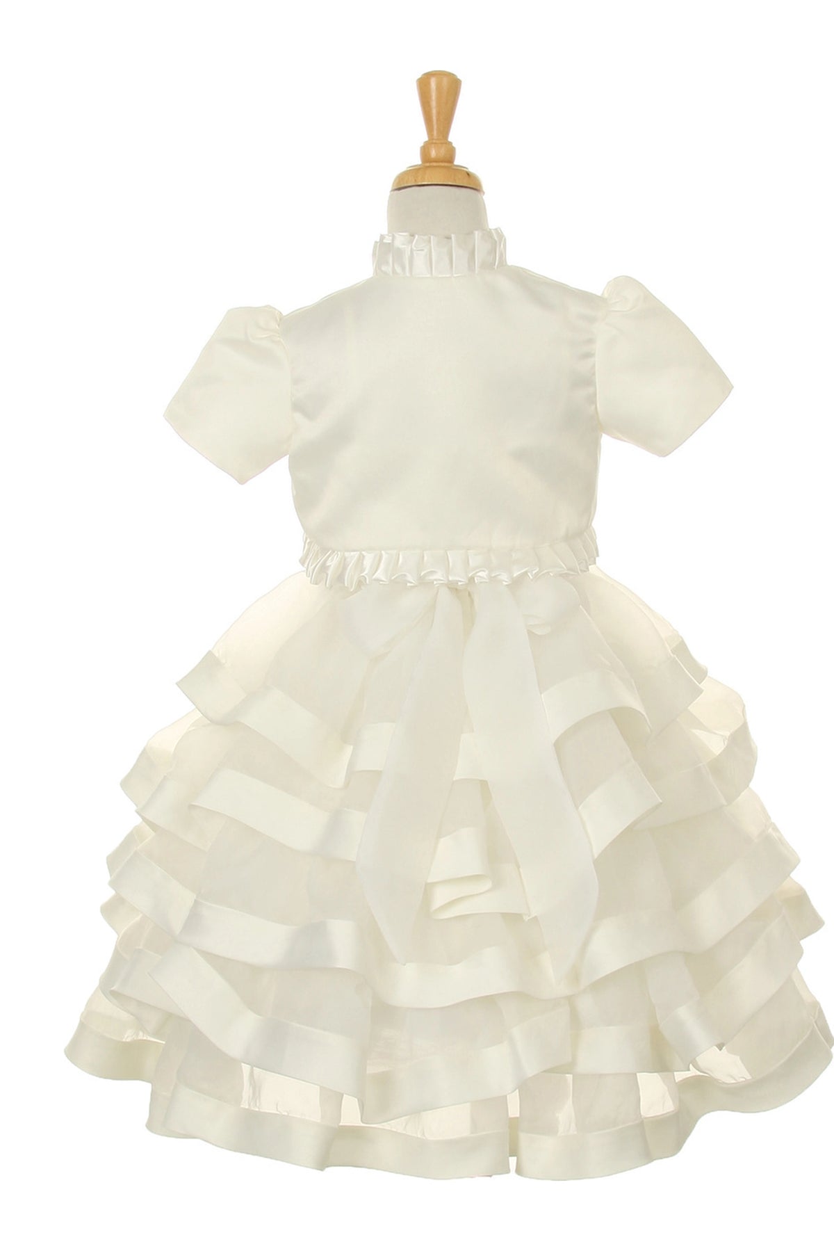 Featuring with horizontal skirt ruffles, this Ivory kids party dress displays elegant detail.