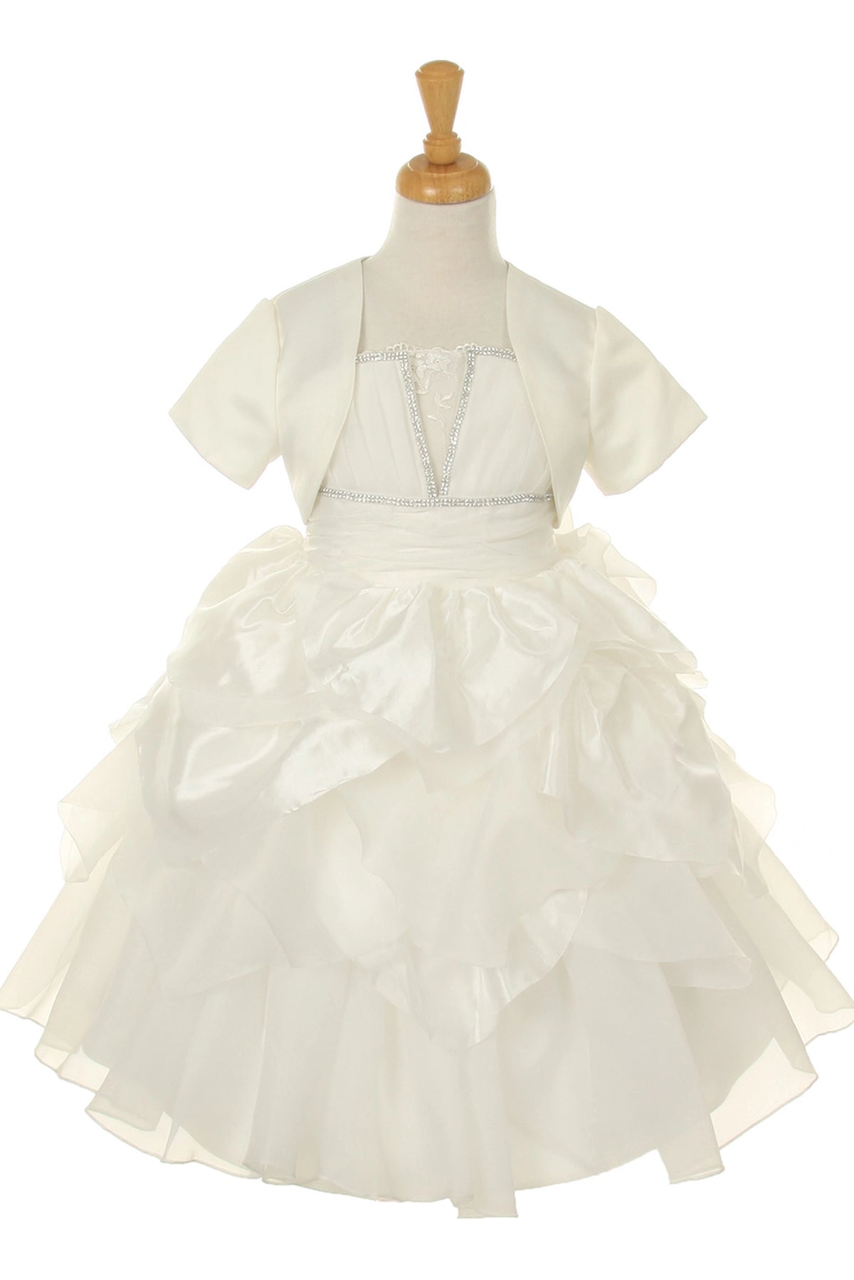 Finished details of a flower-trimmed waist distinguish the Ivory kids party dress.