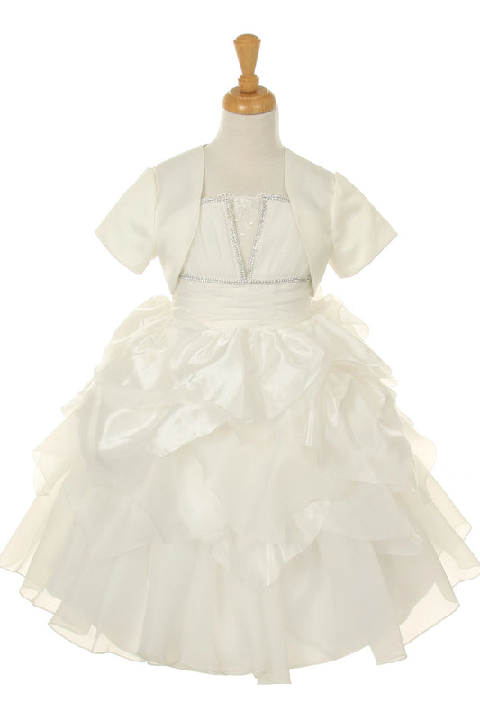 Finished details of a flower-trimmed waist distinguish the Ivory kids party dress.