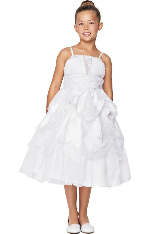 Showcasing with sculpted layered skirt ruffles, this White kids party dress displays elegant detail.