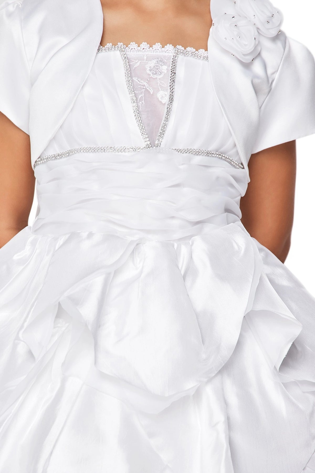 Finished details of sculpted layered skirt ruffles distinguish the White kids party dress.