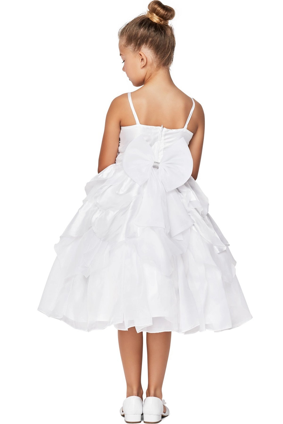 Accented a flower-trimmed waist adds character to this White kids party dress.