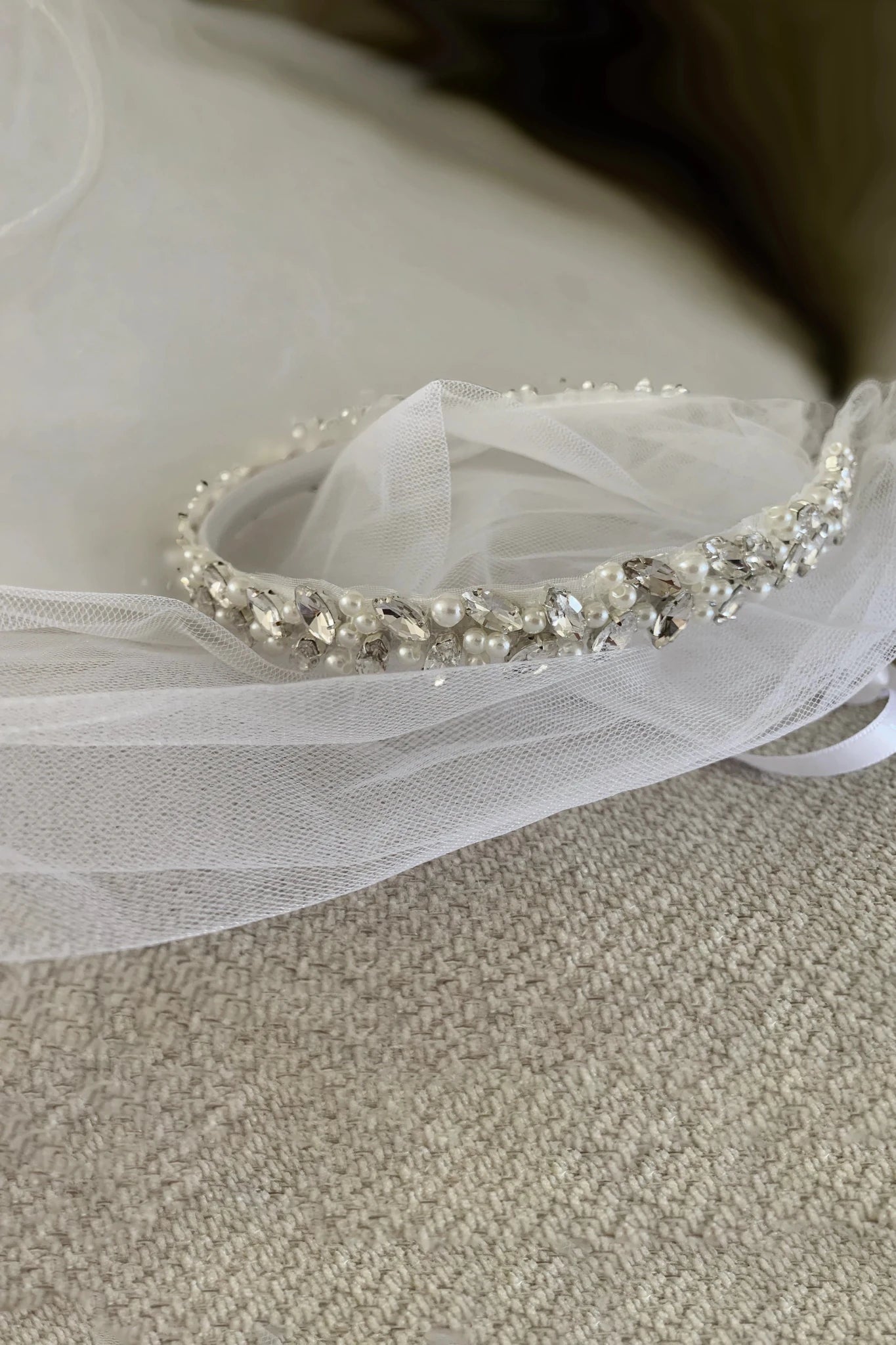 Silver and white pearl rhinestone flower girl and first communion headband and two-tier veil.