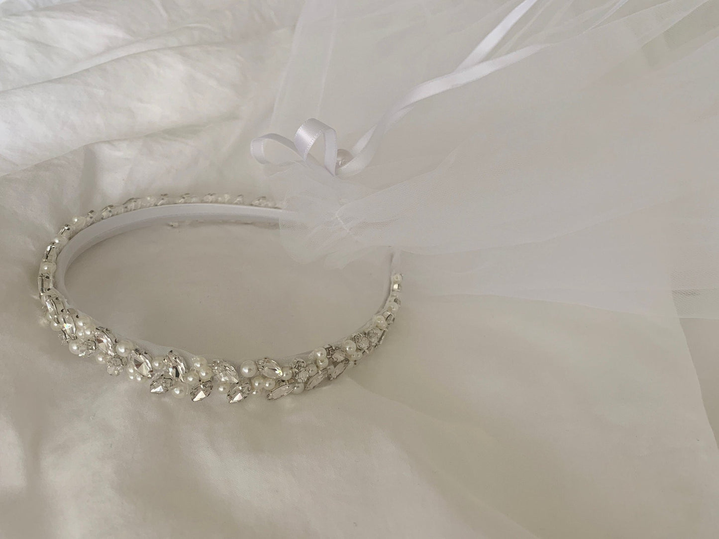White pearl rhinestone flower girl and first communion headband and two-tier veil, bow detail.