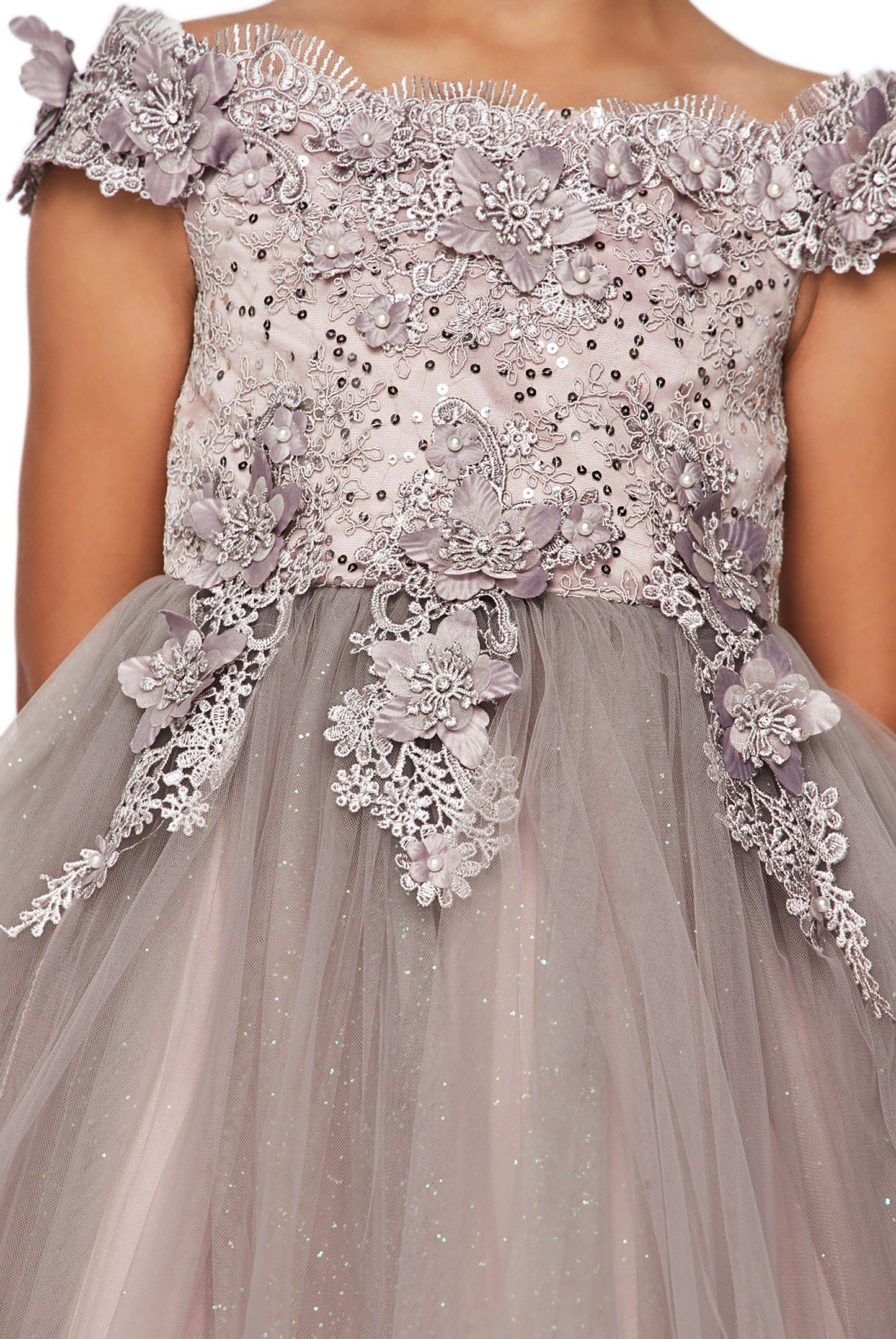 Mauve Off the shoulder Embedded 3D Floral & Rhinestones Sparkling Glitter Tulle Flower Girl Dress - zoomed in front view of dress detailing pattern