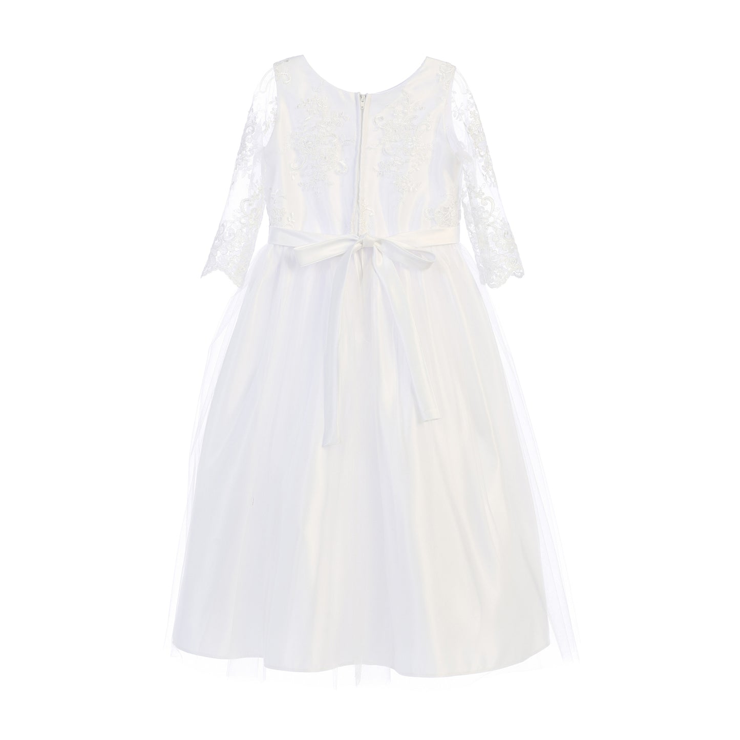 USA Made White Lace Flower Girl Dress | Ankle Length 3/4 Sleeve Embroidered Tulle Dress | First Communion Dress