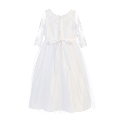 USA Made White Lace Flower Girl Dress | Ankle Length 3/4 Sleeve Embroidered Tulle Dress | First Communion Dress