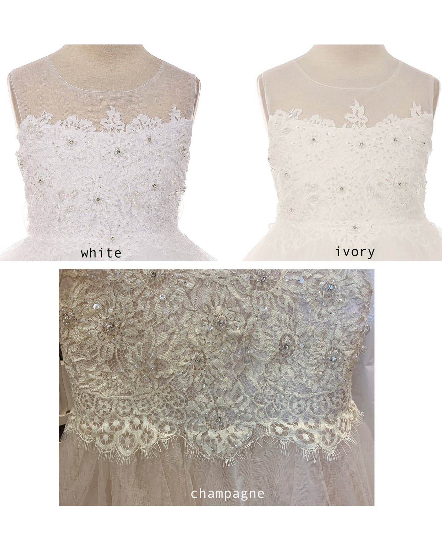 Front view of champagne communion dress with Beaded Soft Lace and Tulle Skirt.