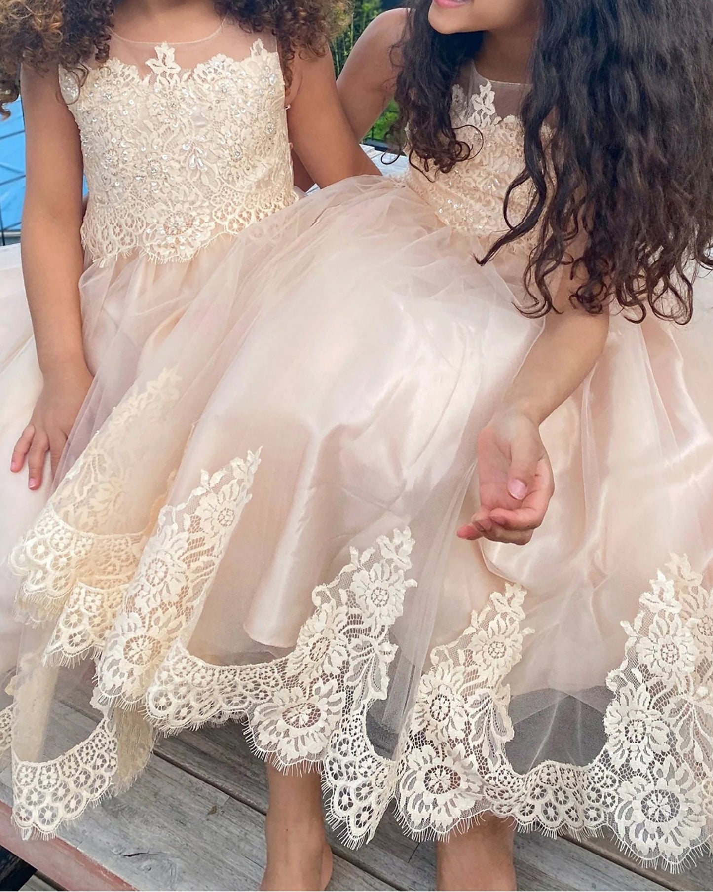 Front view of champagne communion dress with Beaded Soft Lace and Tulle Skirt.
