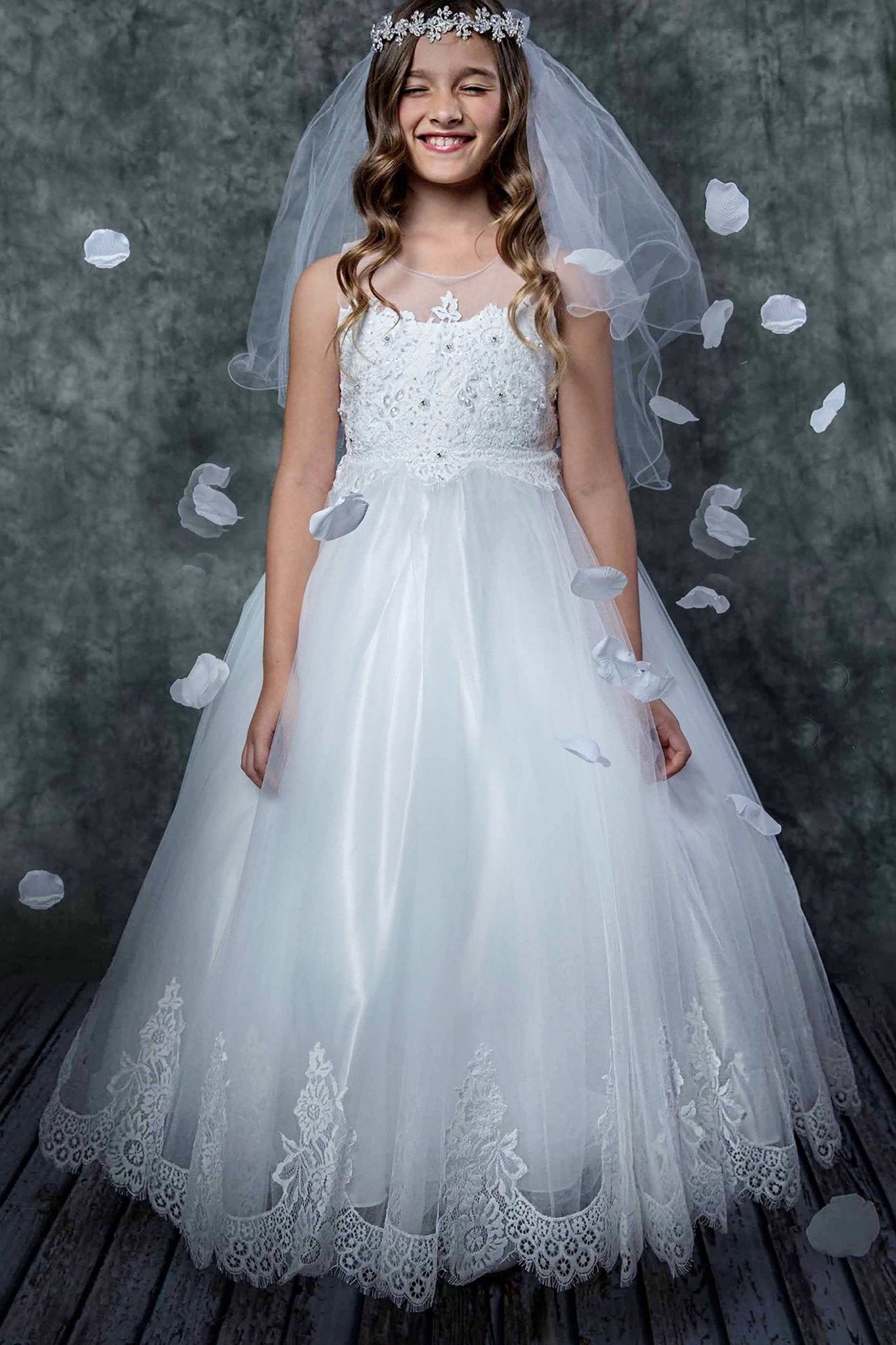 A white lace communion dress.
