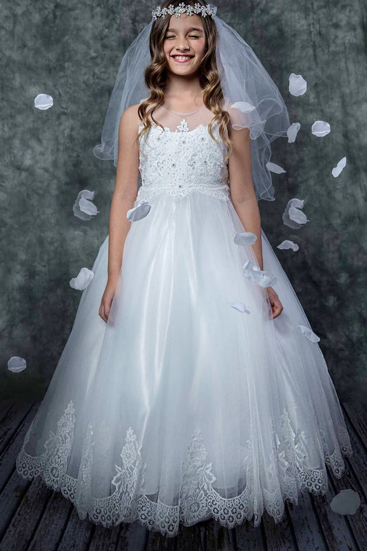A white lace communion dress.