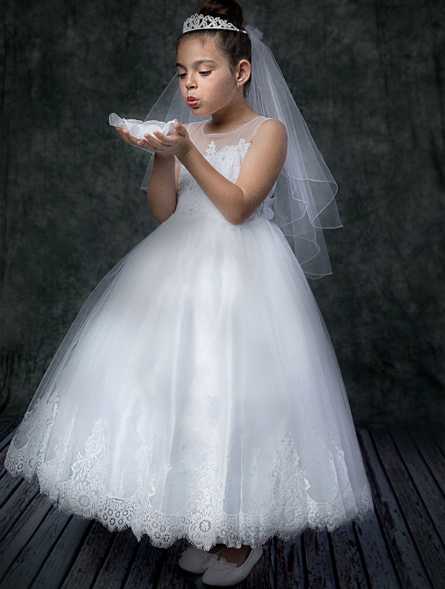 Front view of white communion dress with Beaded Soft Lace and Tulle Skirt.