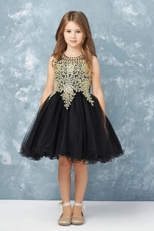 Black kids pageant dress featuring metallic floral lace.