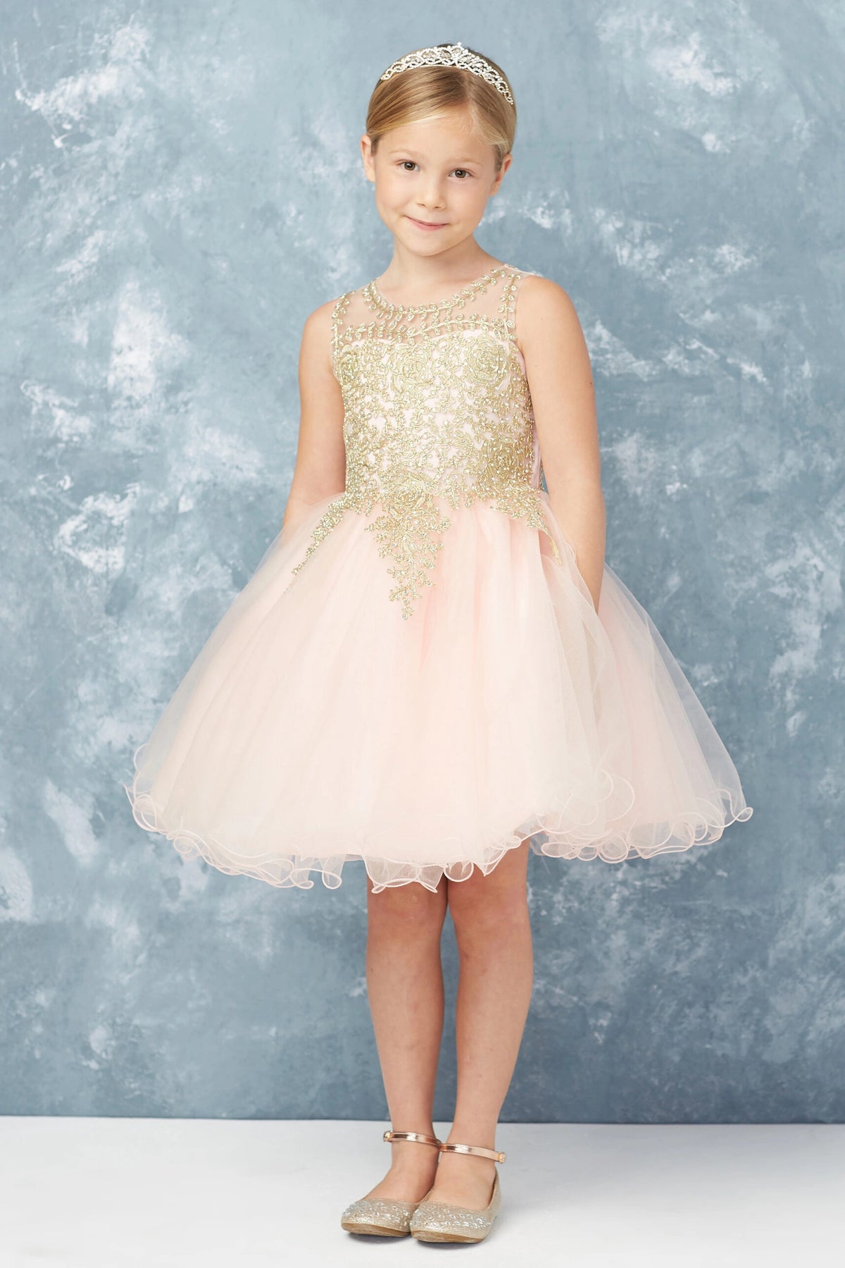Blush kids pageant dress featuring metallic floral lace.