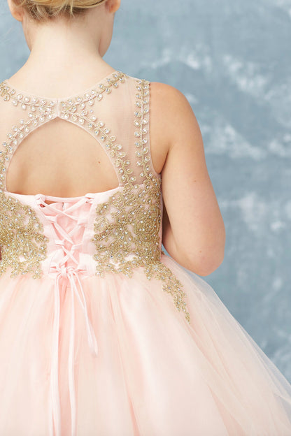 Seen from up close, this Blush kids pageant dress displays metallic lace edging at the keyhole back.