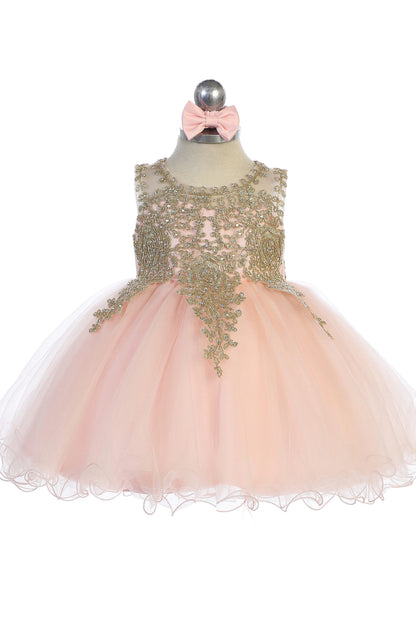 Showing metallic floral lace, the Blush kids pageant dress has a detailed finish.