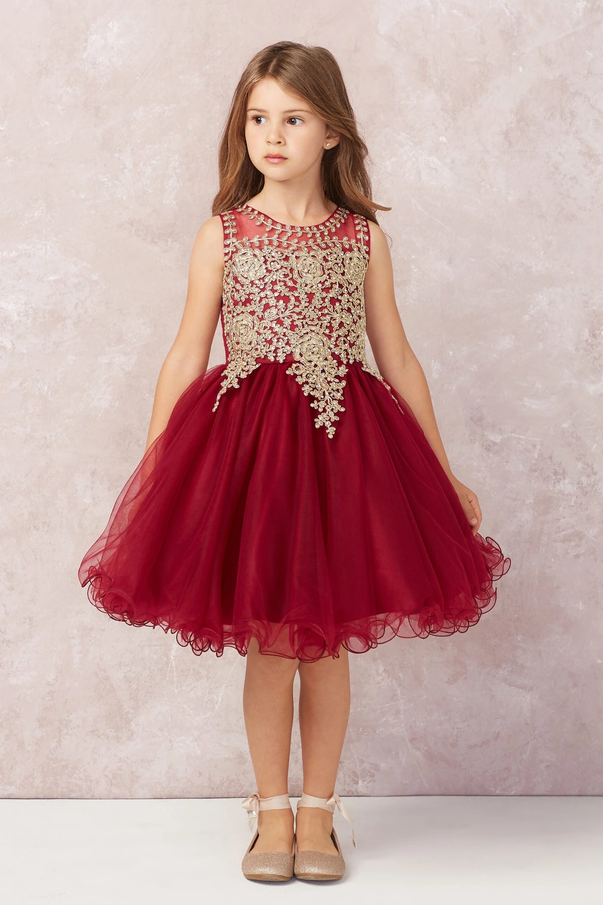 Burgundy kids pageant dress featuring metallic floral lace.