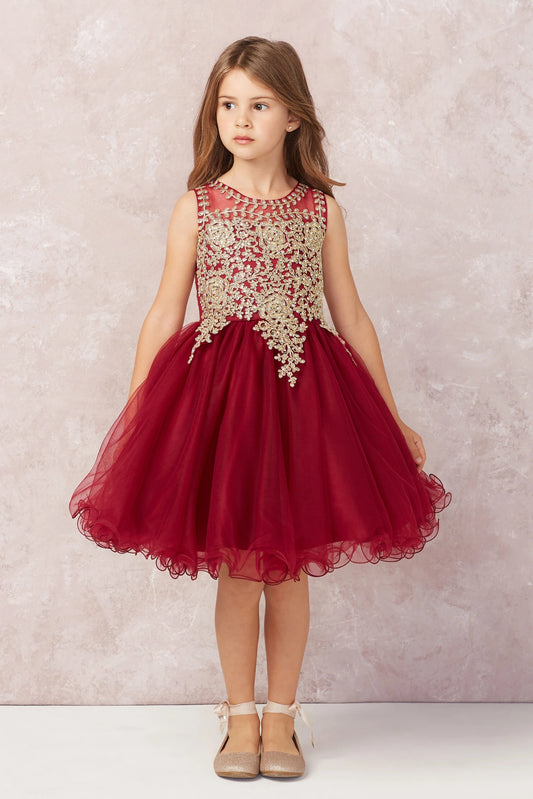 Burgundy kids pageant dress featuring metallic floral lace.