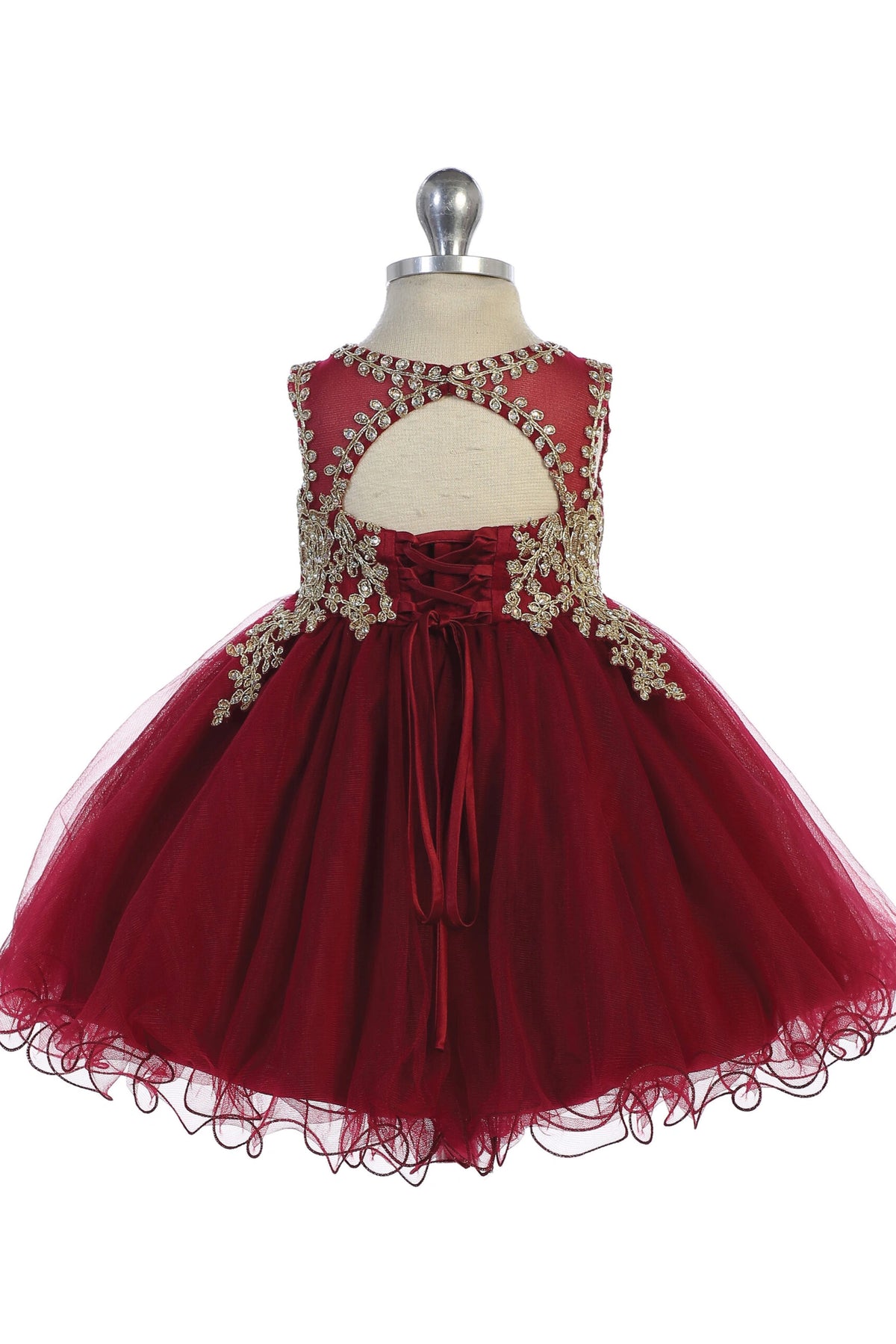 Visible details on the Burgundy kids pageant dress include a tied sash across the back waist.