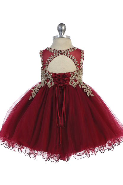 Visible details on the Burgundy kids pageant dress include a tied sash across the back waist.