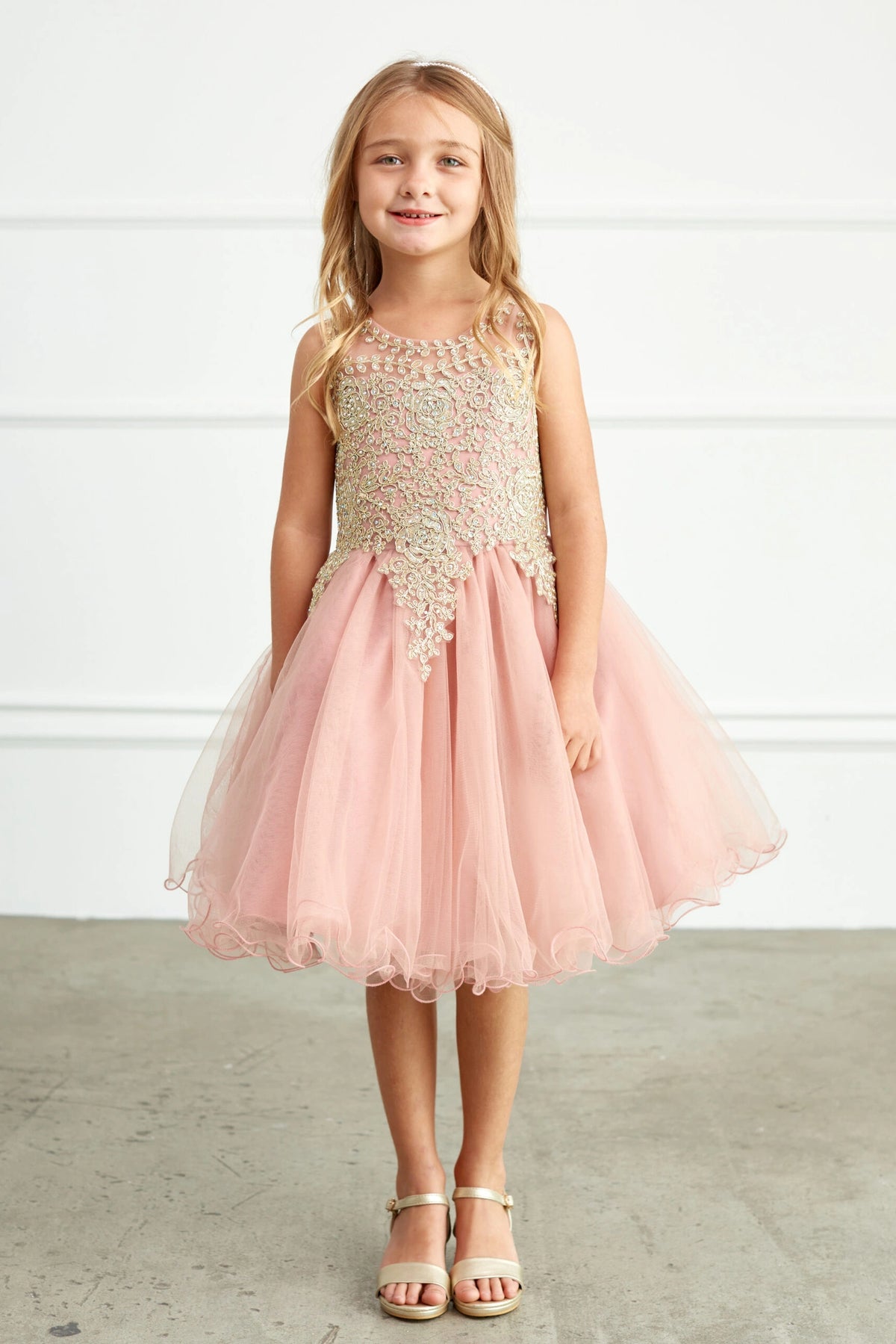 Dusty Rose kids pageant dress featuring metallic floral lace.
