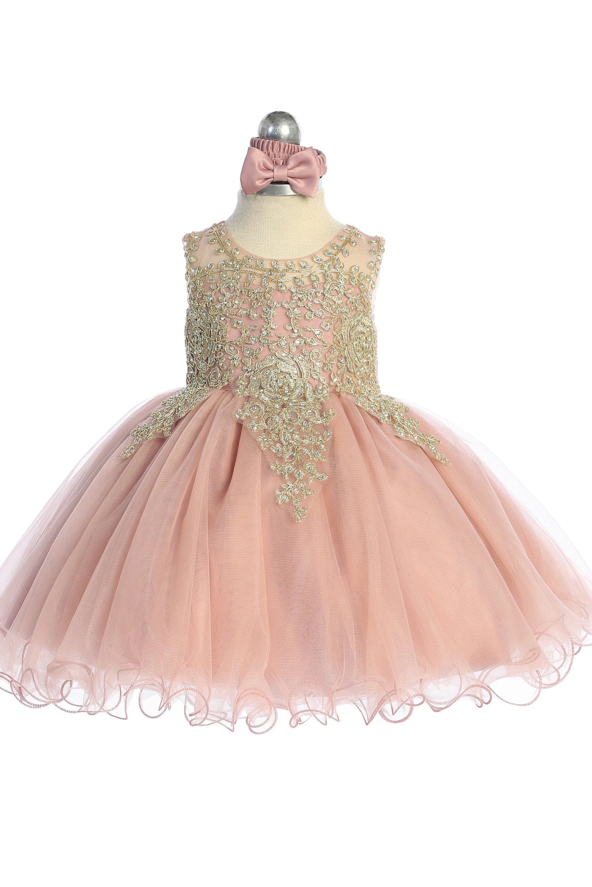 The Dusty Rose kids pageant dress has metallic floral lace.