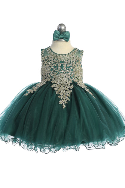 Emerald kids pageant dress featuring metallic floral lace.