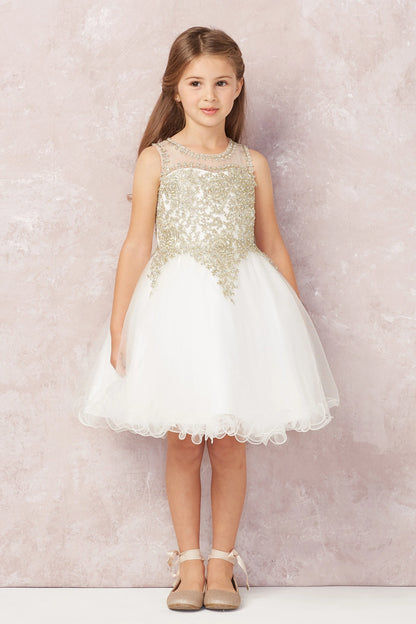 Ivory kids pageant dress featuring metallic floral lace.