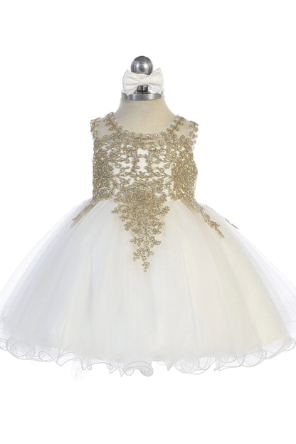 Visible details on the Ivory kids pageant dress include a tied sash across the back waist.