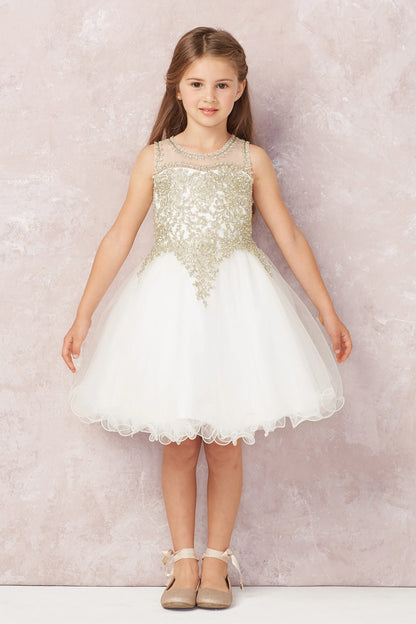 Seen from the front, this Ivory kids pageant dress displays metallic floral lace.