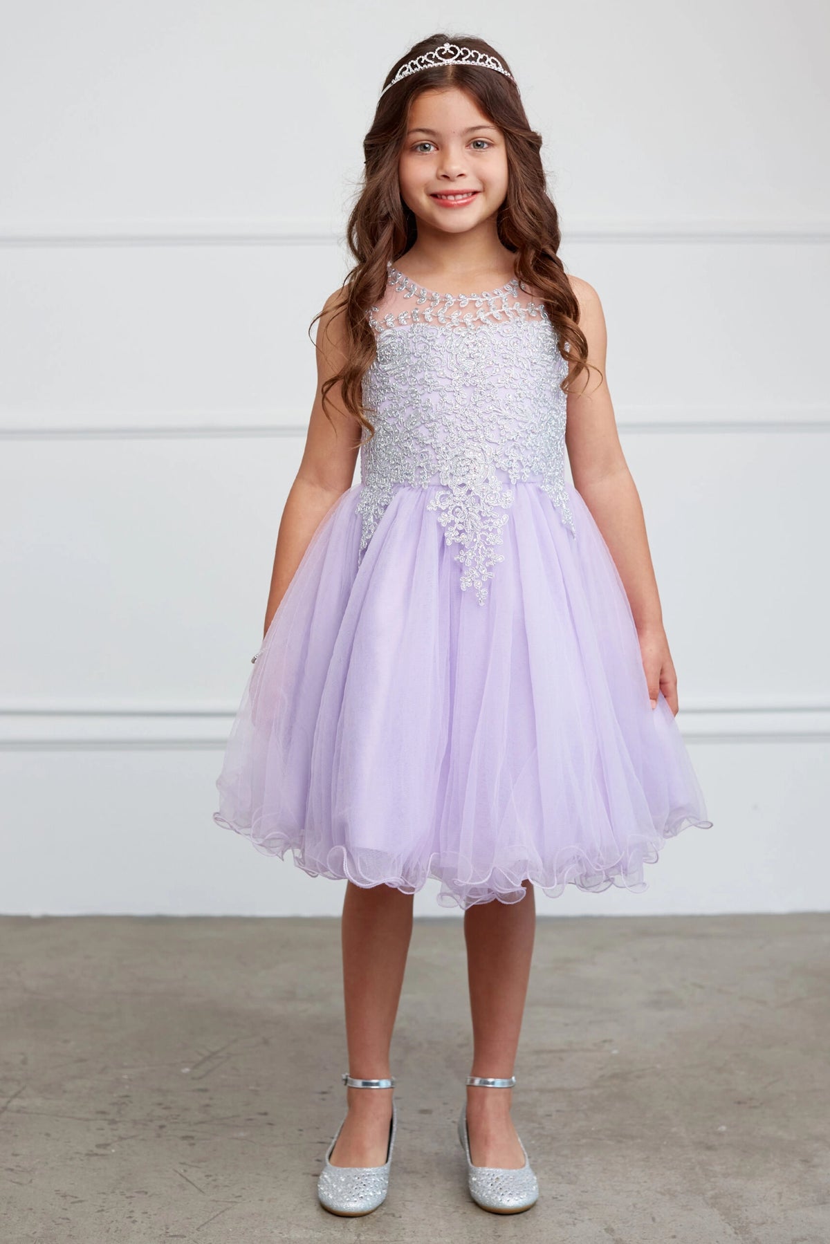 Lilac kids pageant dress featuring metallic floral lace.