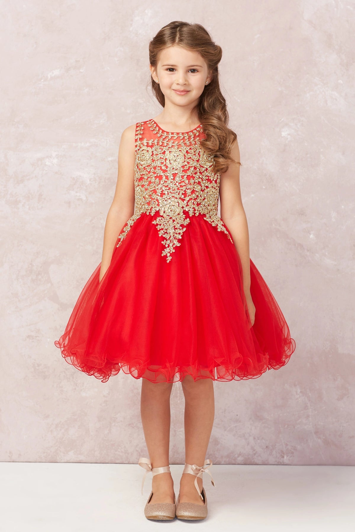 Red kids pageant dress featuring metallic floral lace.