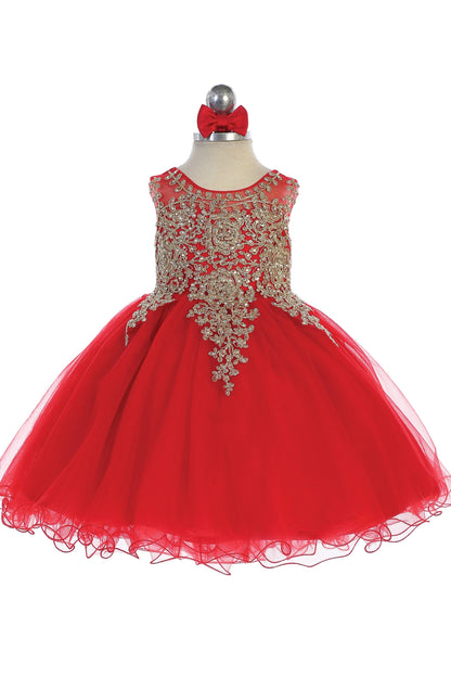 Seen from the front, this Red kids pageant dress displays metallic floral lace.