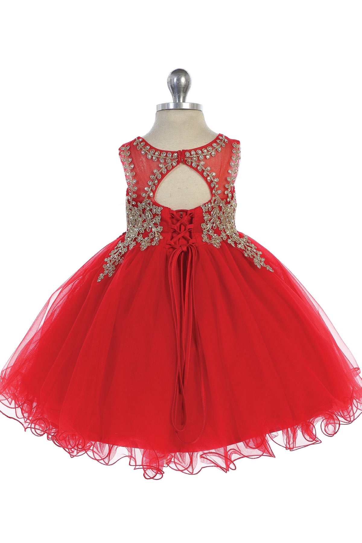 On the Red kids pageant dress, the detailing includes a tied sash across the back waist.