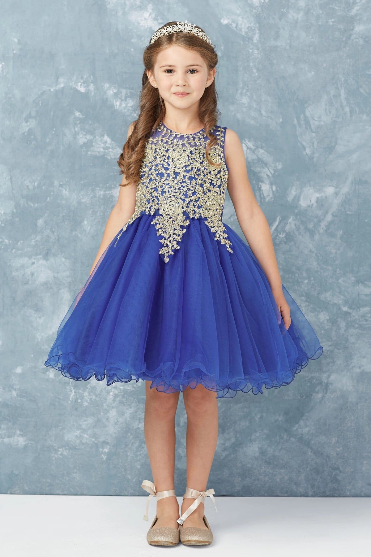Royal Blue kids pageant dress featuring metallic floral lace.