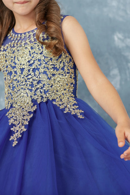 The Royal Blue kids pageant dress has metallic lace across the upper bodice.