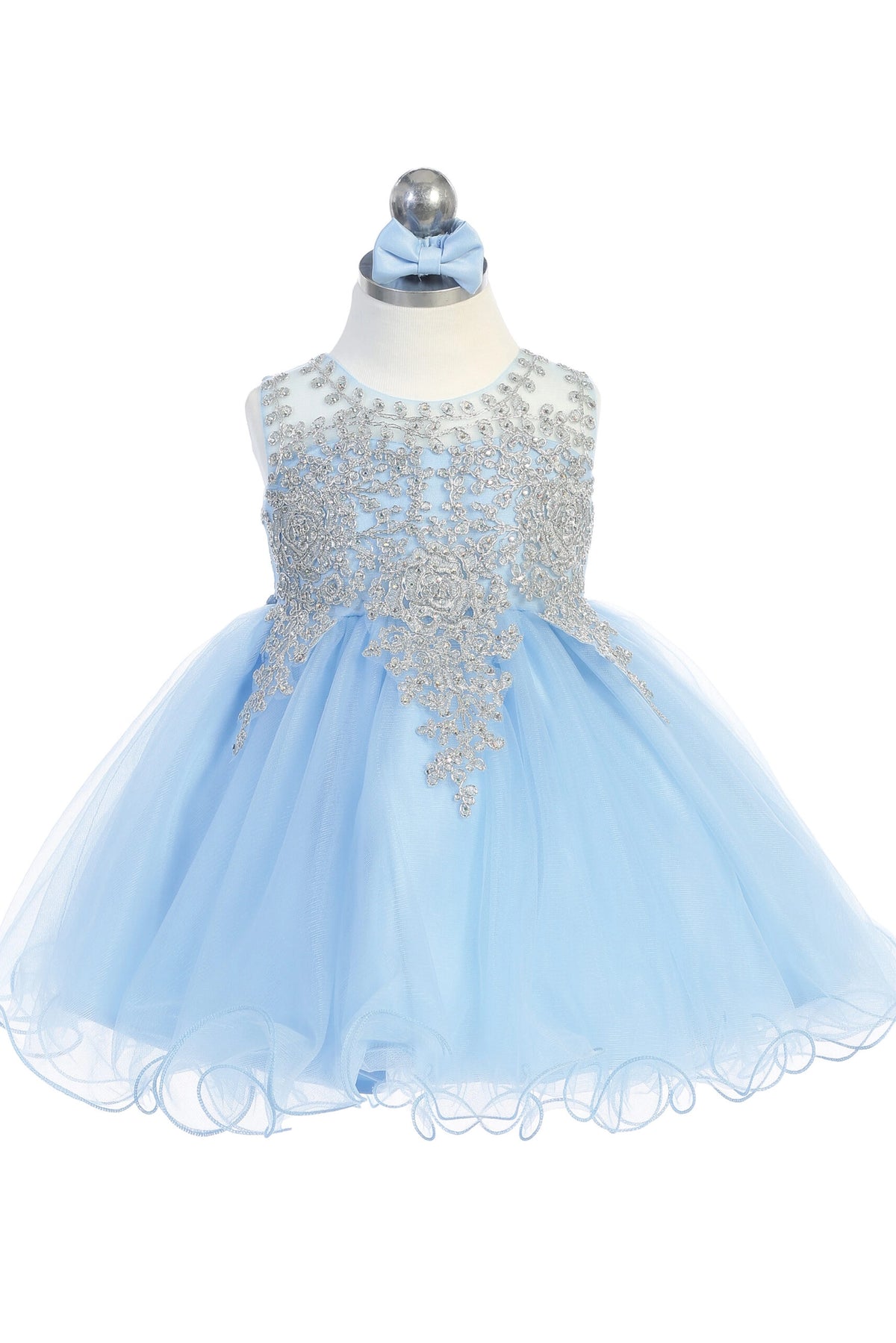 The Sky Blue kids pageant dress has metallic floral lace.