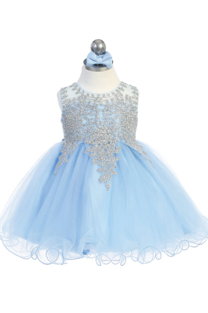 The Sky Blue kids pageant dress has metallic floral lace.