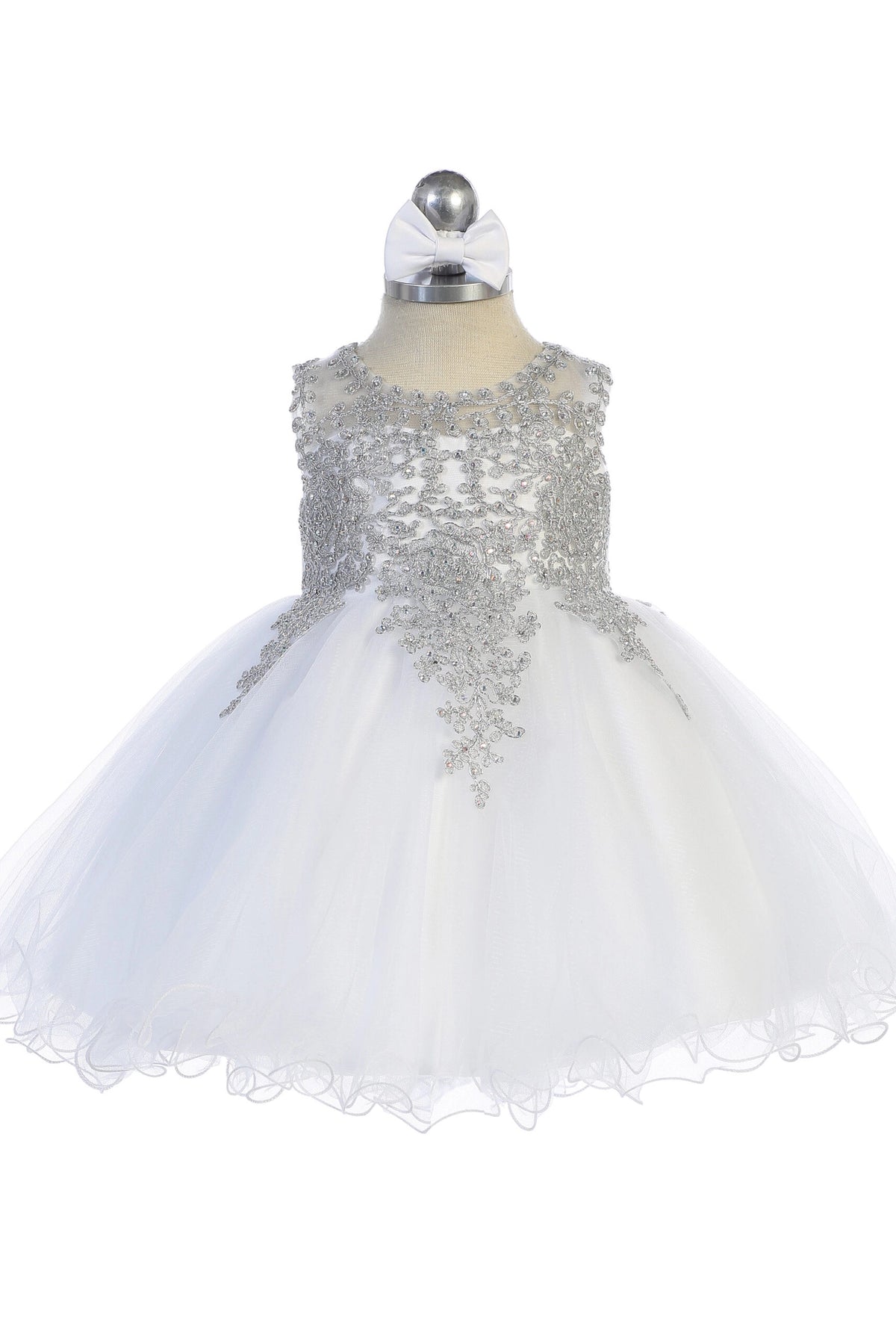 White kids pageant dress featuring metallic floral lace.