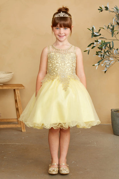 Yellow kids pageant dress featuring metallic floral lace.