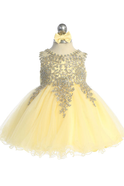 The Yellow kids pageant dress has metallic floral lace.