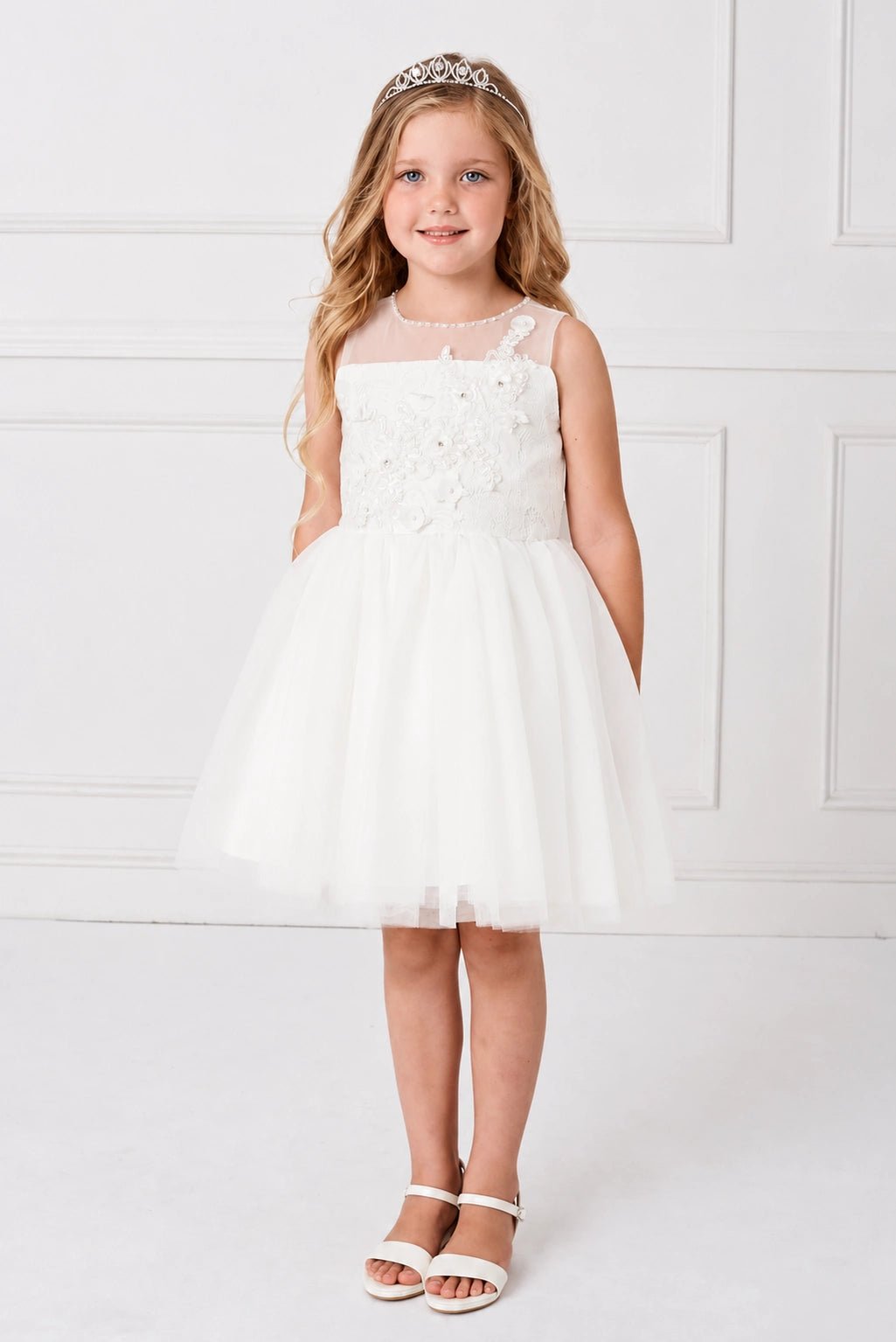 Beaded waist flowers: detail of the off-white flower girl dress.
