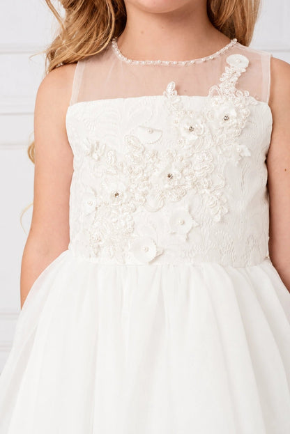 Flower-trimmed sheer neckline shown on the off-white flower girl dress.