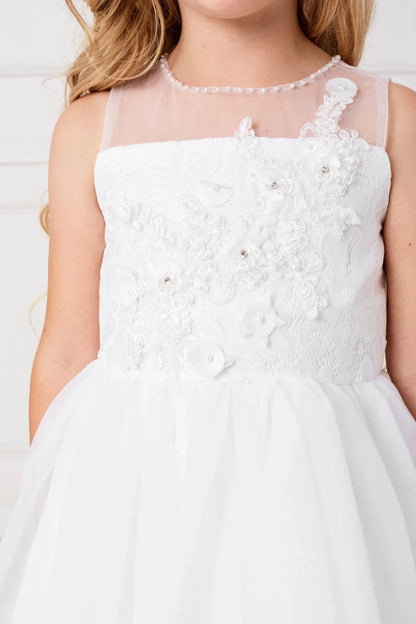 3D bodice flowers accent the white flower girl dress.