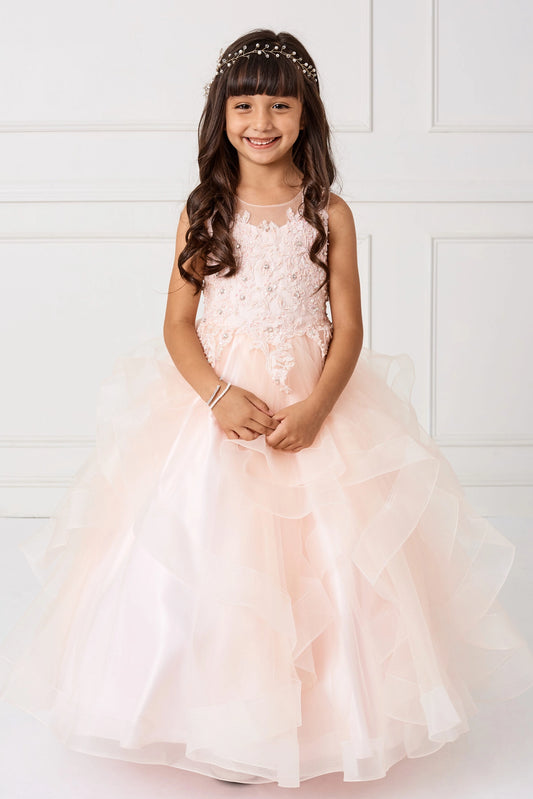 Blush kids pageant dress featuring a lace bodice and tiered mesh skirt.