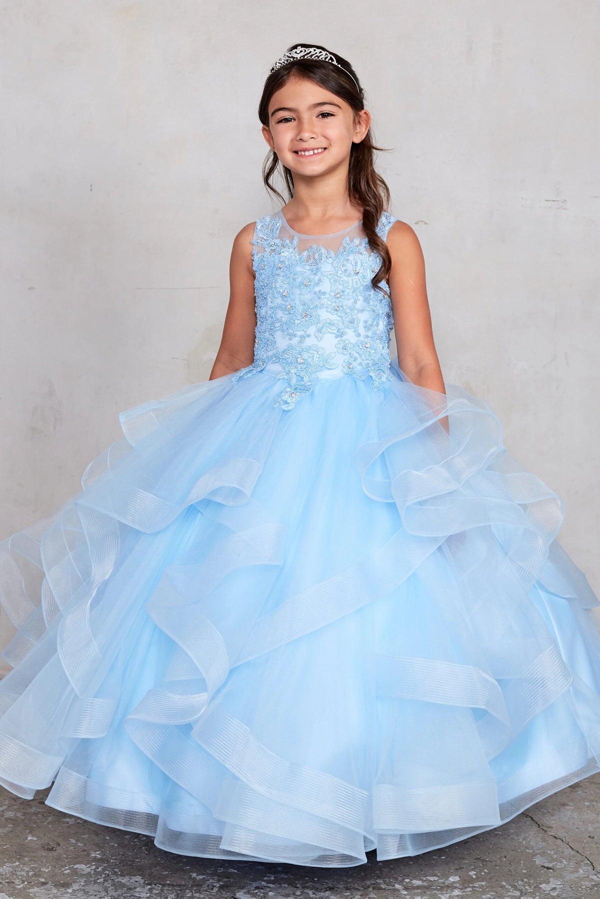 Sky Blue kids pageant dress featuring a lace bodice and tiered mesh skirt.